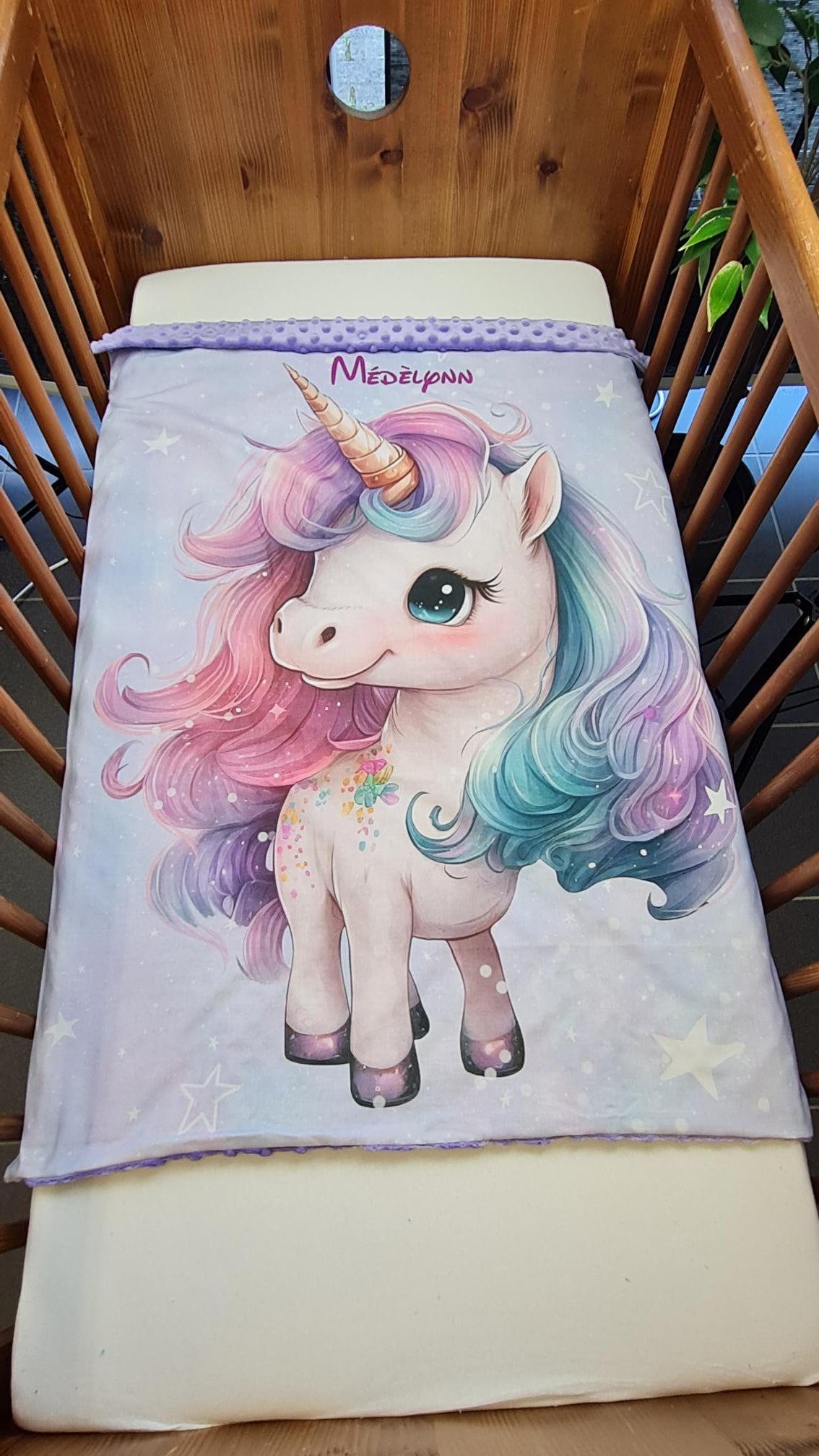 Couverture Plaid Bébé Licorne Rose Violet | 70cm x 95cm | Minky au choix