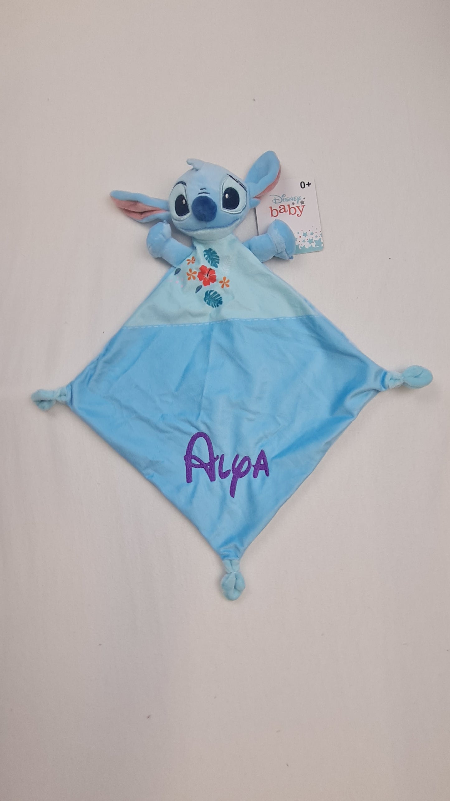 Doudou Mouchoir Disney Stitch Fleur Bleu 22cm | Avec prénom brodé