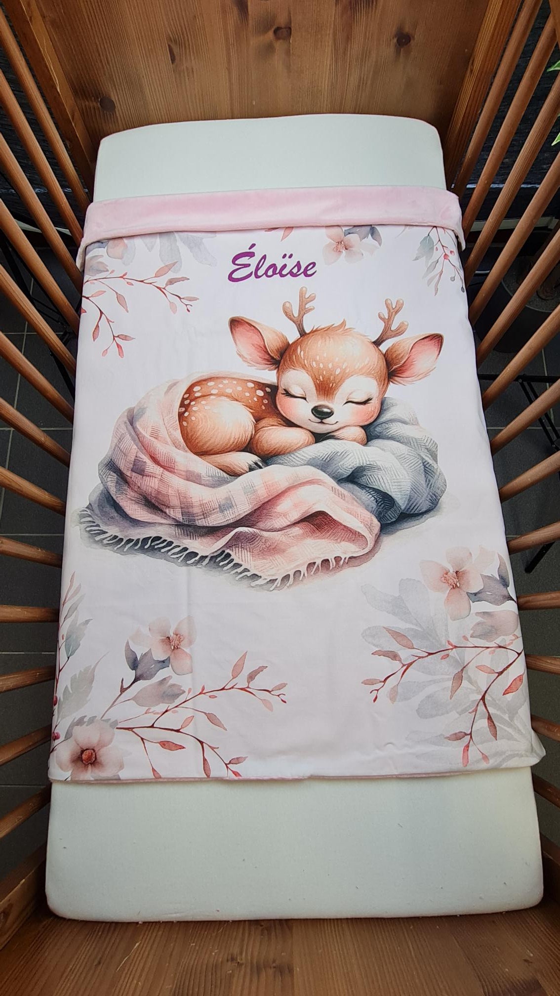 Couverture Plaid Bébé | Biche Rose Endormie | 70cm x 95cm | A Personnaliser