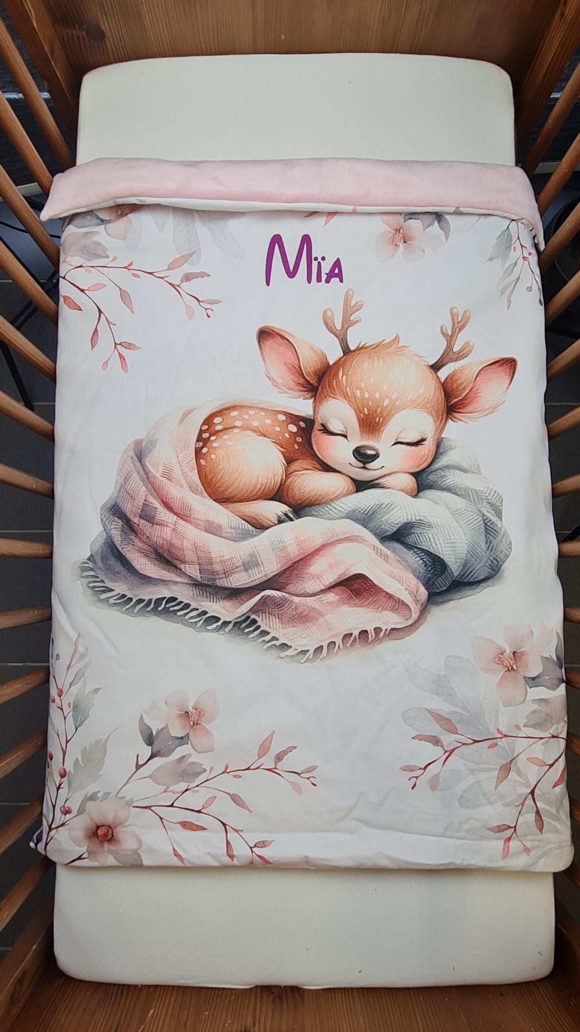 Couverture Plaid Bébé | Biche Rose Endormie | 70cm x 95cm | A Personnaliser