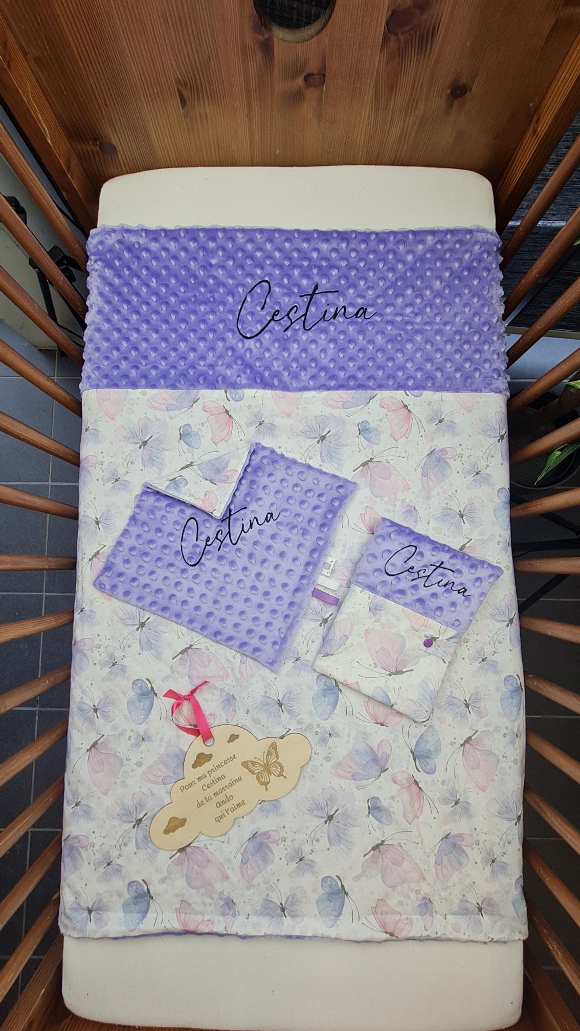 Pack Bébé Personnalisé | Couverture + Doudou 30cm + Protège carnet assortis | Fille | Coton