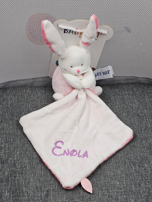 Pantin avec doudou lapin fille 12 cm personnalisé | BabyNat - Calincaline.be