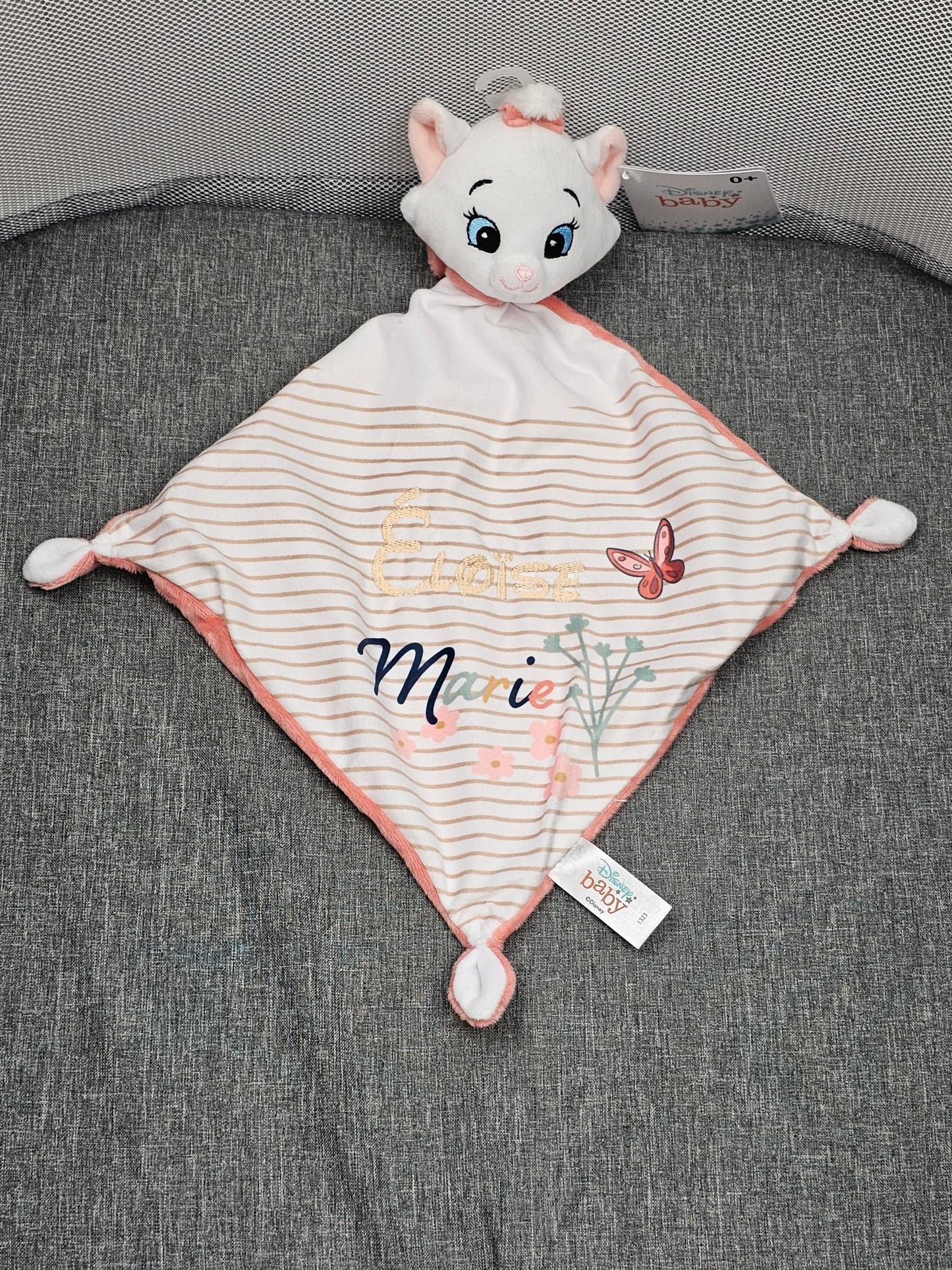 Doudou Disney Bébé Marie Rayé | Mouchoir 21cm | A Personnaliser - Calincaline.be