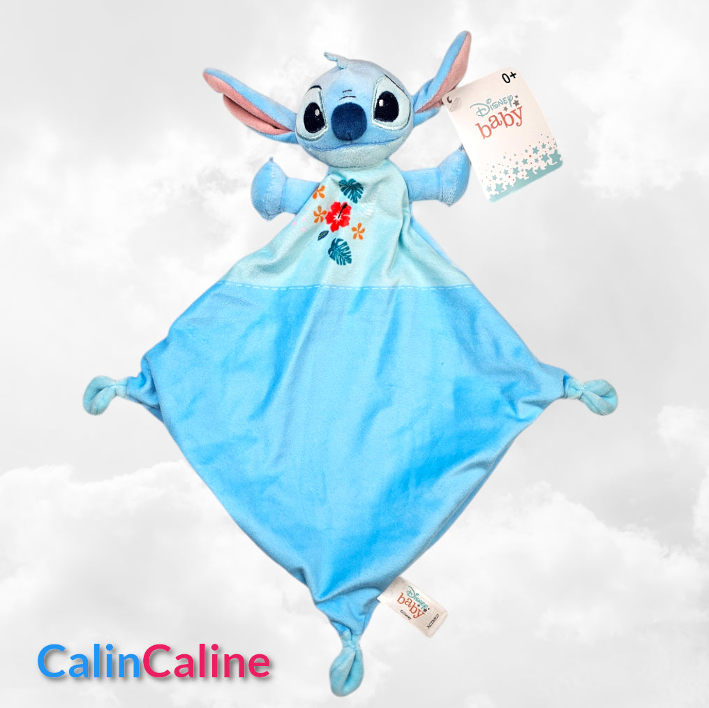 Doudou Mouchoir Disney Stitch Fleur Bleu 22cm | Avec prénom brodé