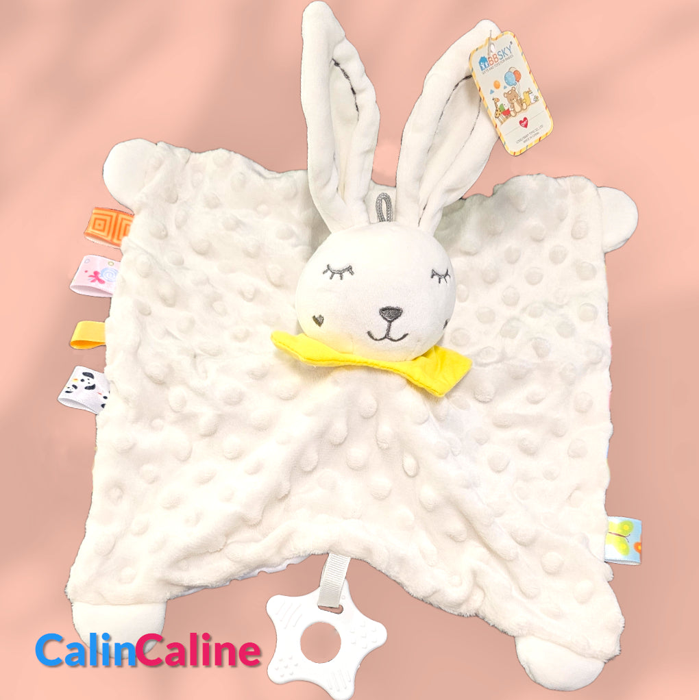 Doudou BBSky Plat Lapin Beige Personnalisé | 0 à 3 ans | Grelot et Anneau dentition