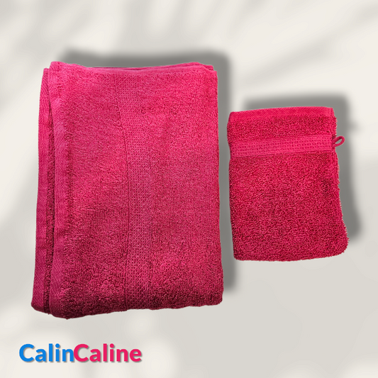 Ensemble Drap de bain + Gant de toilette assorti | Prénom Brodé | Fuchsia