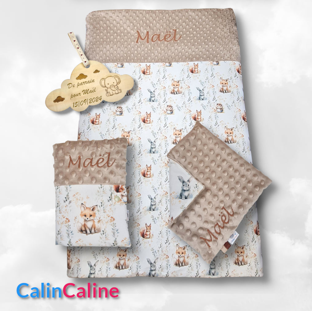 Pack Bébé Personnalisé | Couverture + Doudou 30cm + Protège carnet assortis | Garçon | Coton