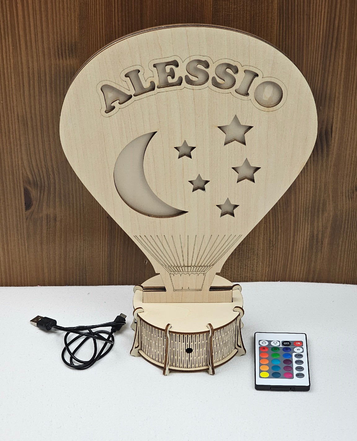 Veilleuse Ballon Lampe LED 33cm | Prénom Personnalisé | Bois Naturel